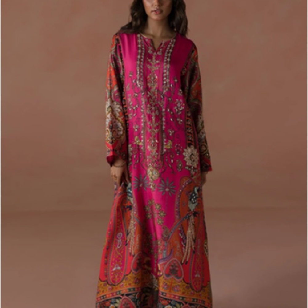 Elegant Pink Floral Maxi Dress ammara khan Hottie Sorbet Kaftan Size Small